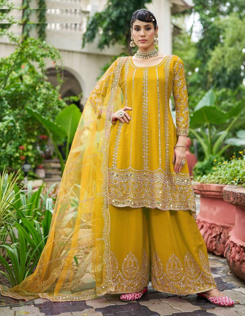 yellow real mirror chinon silk wedding party wear sharara salwar suit with net dupatta  full stitched free size