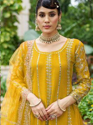 yellow real mirror chinon silk wedding party wear sharara salwar suit with net dupatta  full stitched free size 2
