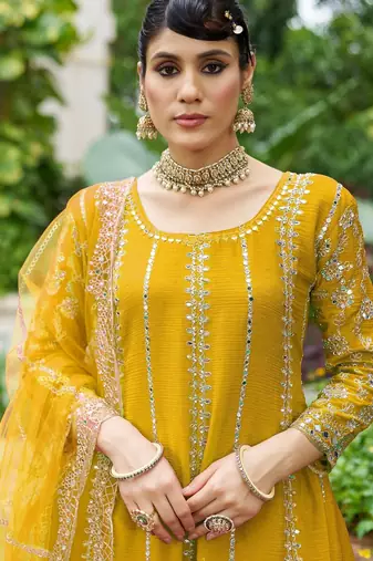 yellow real mirror chinon silk wedding party wear sharara salwar suit with net dupatta  full stitched free size