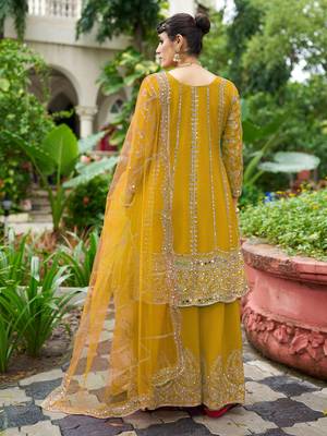 yellow real mirror chinon silk wedding party wear sharara salwar suit with net dupatta  full stitched free size 3