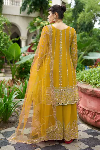 yellow real mirror chinon silk wedding party wear sharara salwar suit with net dupatta  full stitched free size