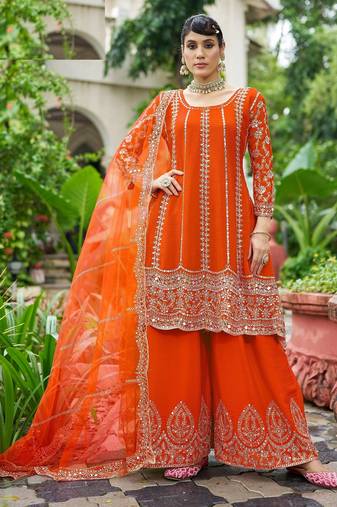 orange real mirror chinon silk wedding party wear sharara salwar suit with net dupatta  full stitched free size