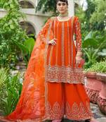 orange real mirror chinon silk wedding party wear sharara salwar suit with net dupatta  full stitched free size