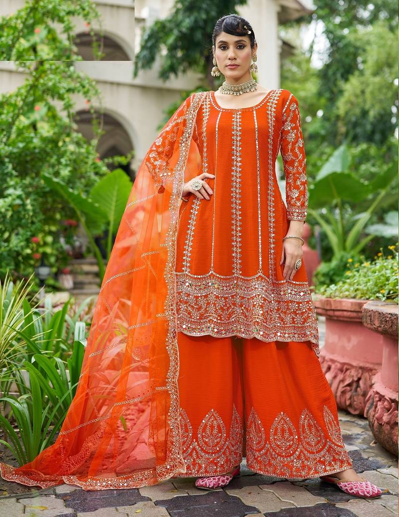 orange real mirror chinon silk wedding party wear sharara salwar suit with net dupatta  full stitched free size