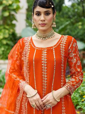 orange real mirror chinon silk wedding party wear sharara salwar suit with net dupatta  full stitched free size 2