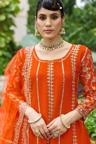 orange real mirror chinon silk wedding party wear sharara salwar suit with net dupatta  full stitched free size