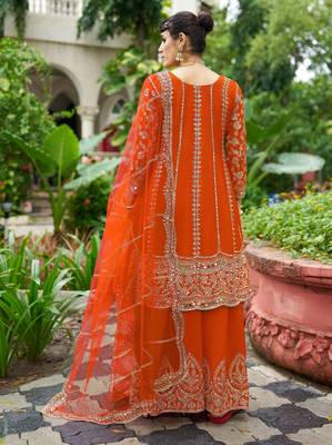 orange real mirror chinon silk wedding party wear sharara salwar suit with net dupatta  full stitched free size 3
