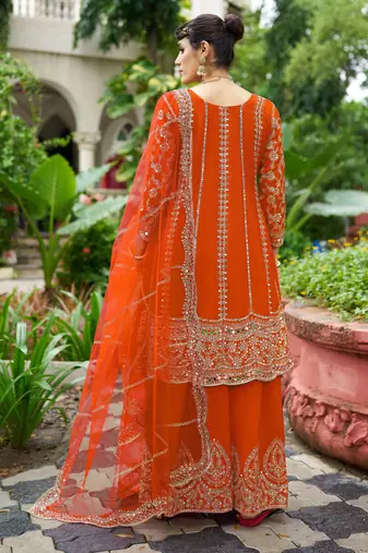 orange real mirror chinon silk wedding party wear sharara salwar suit with net dupatta  full stitched free size