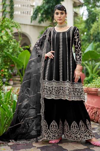 black real mirror chinon silk wedding party wear sharara salwar suit with net dupatta  full stitched free size