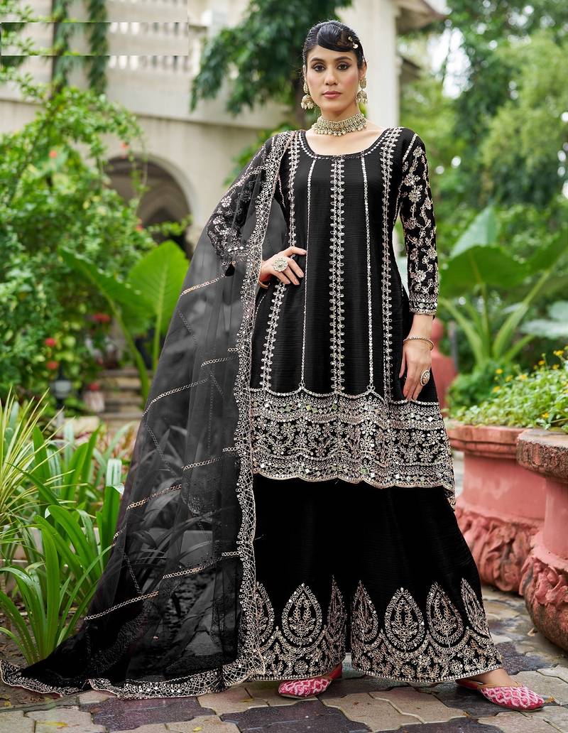 black real mirror chinon silk wedding party wear sharara salwar suit with net dupatta  full stitched free size
