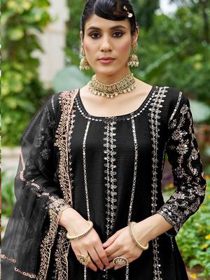 black real mirror chinon silk wedding party wear sharara salwar suit with net dupatta  full stitched free size 2