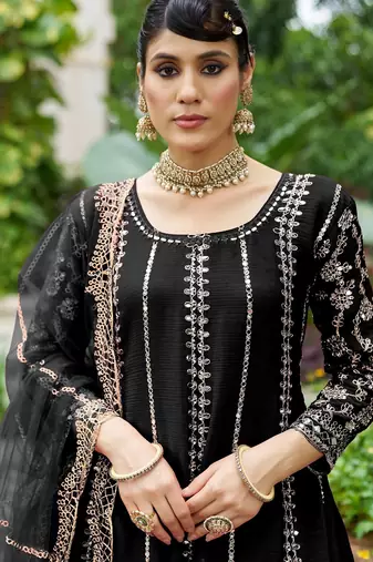 black real mirror chinon silk wedding party wear sharara salwar suit with net dupatta  full stitched free size