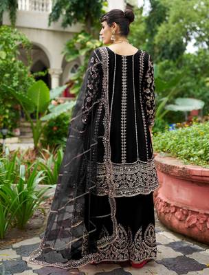 black real mirror chinon silk wedding party wear sharara salwar suit with net dupatta  full stitched free size 3