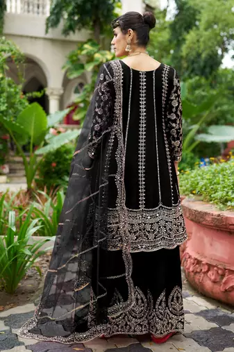 black real mirror chinon silk wedding party wear sharara salwar suit with net dupatta  full stitched free size