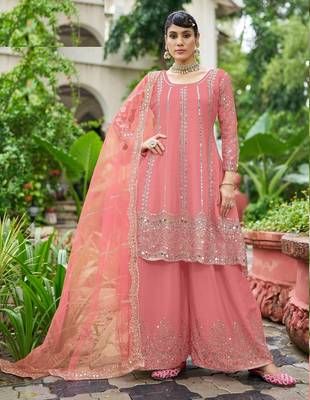 peach real mirror chinon silk wedding party wear sharara salwar suit with net dupatta  full stitched free size 1