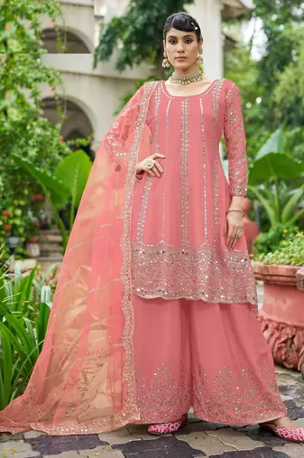 peach real mirror chinon silk wedding party wear sharara salwar suit with net dupatta  full stitched free size