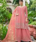 peach real mirror chinon silk wedding party wear sharara salwar suit with net dupatta  full stitched free size