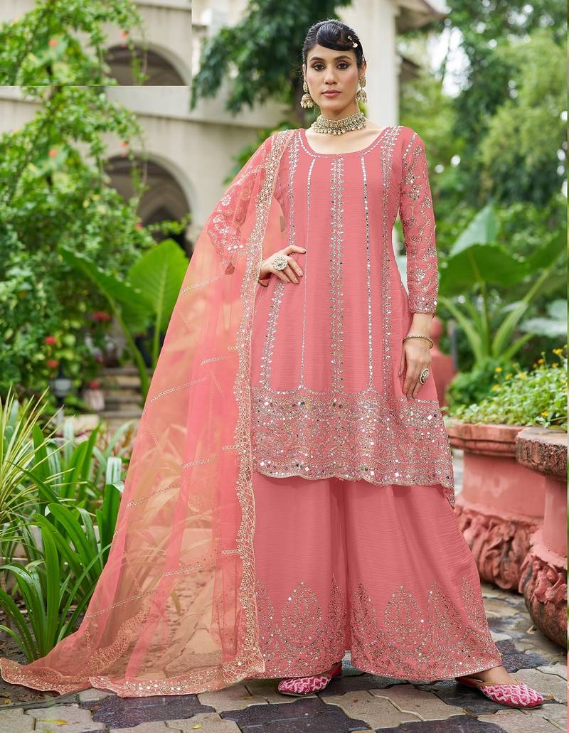 peach real mirror chinon silk wedding party wear sharara salwar suit with net dupatta  full stitched free size