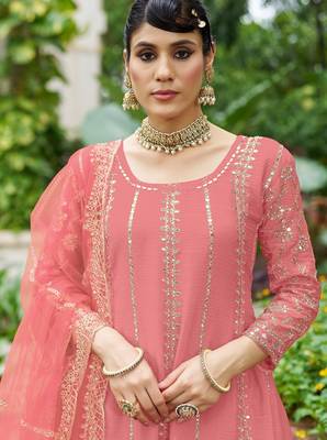 peach real mirror chinon silk wedding party wear sharara salwar suit with net dupatta  full stitched free size 2