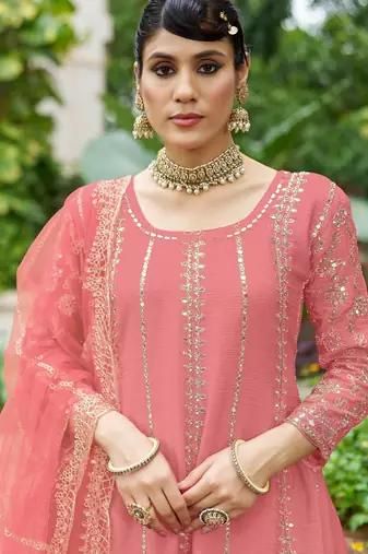 peach real mirror chinon silk wedding party wear sharara salwar suit with net dupatta  full stitched free size