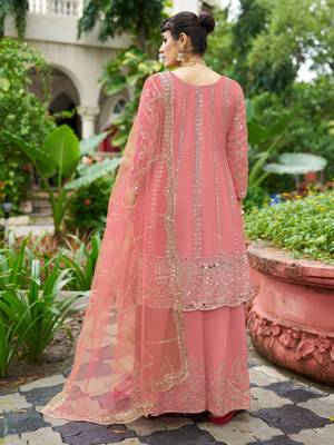 peach real mirror chinon silk wedding party wear sharara salwar suit with net dupatta  full stitched free size 3