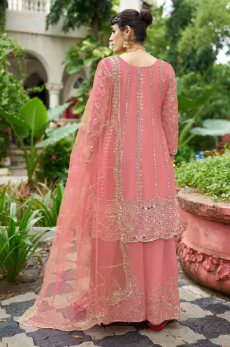 peach real mirror chinon silk wedding party wear sharara salwar suit with net dupatta  full stitched free size