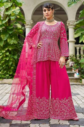 ppink real mirror chinon silk wedding party wear sharara salwar suit with net dupatta  full stitched free size