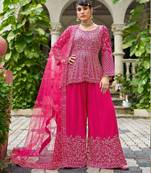 ppink real mirror chinon silk wedding party wear sharara salwar suit with net dupatta  full stitched free size