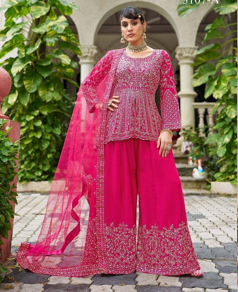 ppink real mirror chinon silk wedding party wear sharara salwar suit with net dupatta  full stitched free size