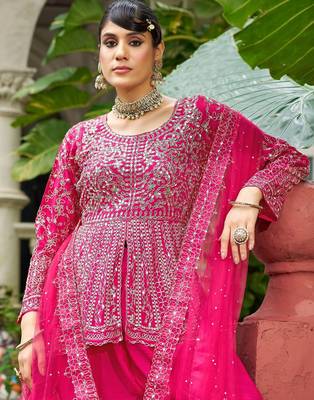 ppink real mirror chinon silk wedding party wear sharara salwar suit with net dupatta  full stitched free size 2