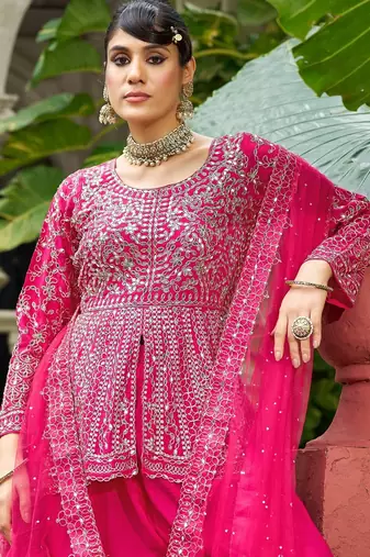 ppink real mirror chinon silk wedding party wear sharara salwar suit with net dupatta  full stitched free size