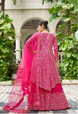 ppink real mirror chinon silk wedding party wear sharara salwar suit with net dupatta  full stitched free size 3