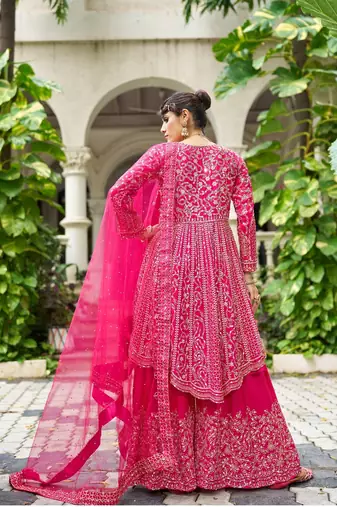 ppink real mirror chinon silk wedding party wear sharara salwar suit with net dupatta  full stitched free size
