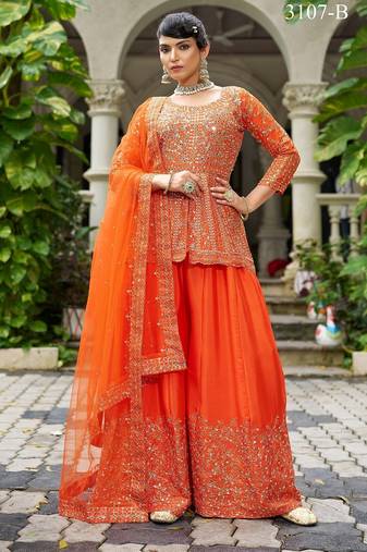 orange real mirror chinon silk wedding party wear sharara salwar suit with net dupatta  full stitched free size