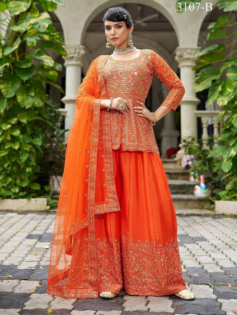 orange real mirror chinon silk wedding party wear sharara salwar suit with net dupatta  full stitched free size