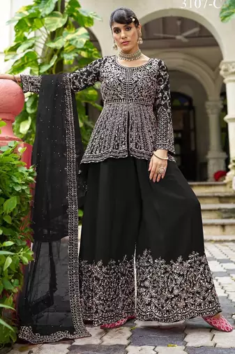 black real mirror chinon silk wedding party wear sharara salwar suit with net dupatta  full stitched free size