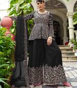 black real mirror chinon silk wedding party wear sharara salwar suit with net dupatta  full stitched free size