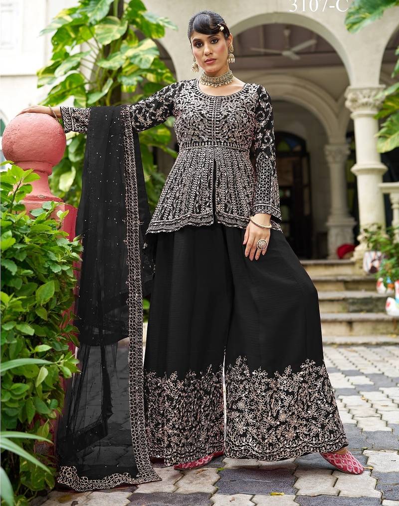 black real mirror chinon silk wedding party wear sharara salwar suit with net dupatta  full stitched free size