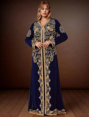 Elegant Navy Blue georgette kaftan gown with Golden & Silver  zari work With hijab. 1