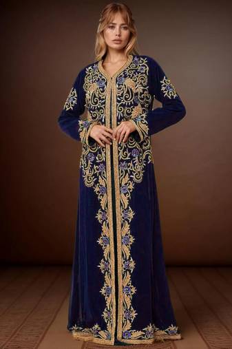 Elegant Navy Blue georgette kaftan gown with Golden & Silver  zari work With hijab.