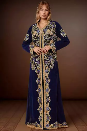 Elegant Navy Blue georgette kaftan gown with Golden & Silver  zari work With hijab.