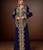 Elegant Navy Blue georgette kaftan gown with Golden & Silver  zari work With hijab.
