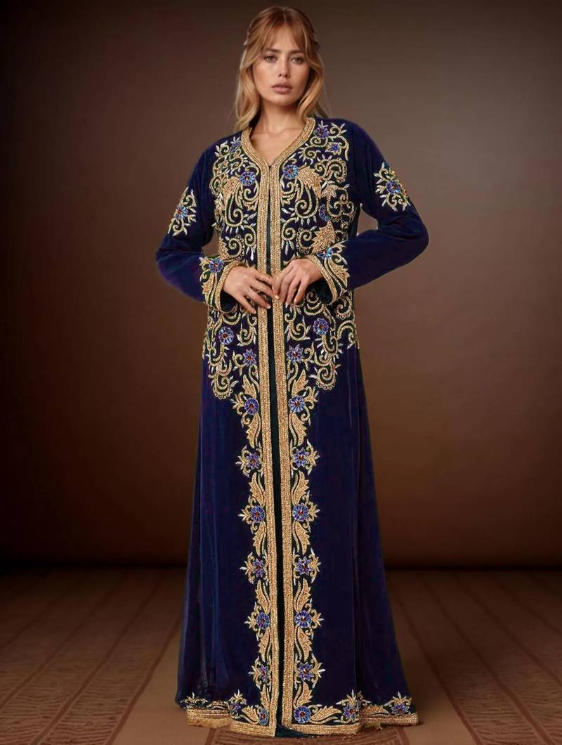 Elegant Navy Blue georgette kaftan gown with Golden & Silver  zari work With hijab.