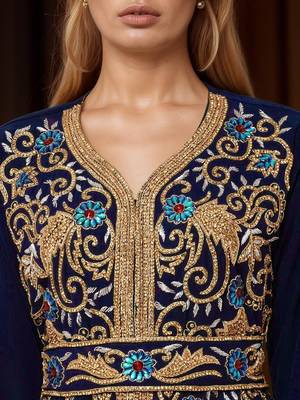 Elegant Navy Blue georgette kaftan gown with Golden & Silver  zari work With hijab. 2