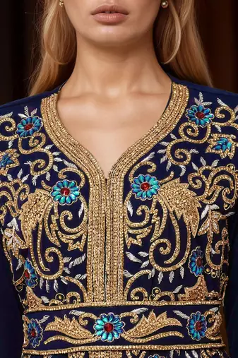 Elegant Navy Blue georgette kaftan gown with Golden & Silver  zari work With hijab.