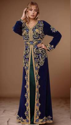 Elegant Navy Blue georgette kaftan gown with Golden & Silver  zari work With hijab. 3