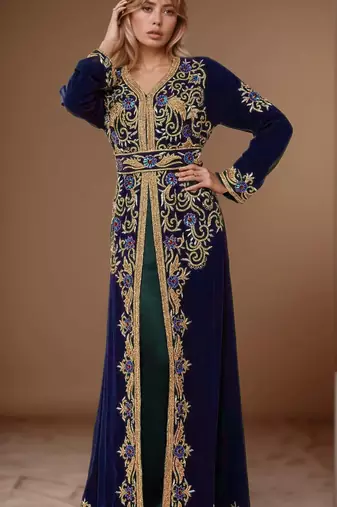 Elegant Navy Blue georgette kaftan gown with Golden & Silver  zari work With hijab.