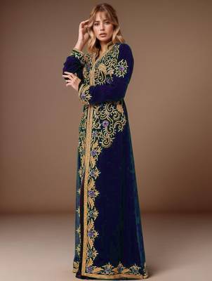 Elegant Navy Blue georgette kaftan gown with Golden & Silver  zari work With hijab. 4