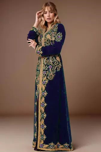 Elegant Navy Blue georgette kaftan gown with Golden & Silver  zari work With hijab.