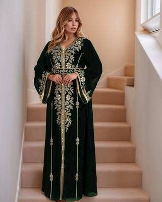 Elegant Black georgette kaftan gown with Golden zari work With hijab. 1